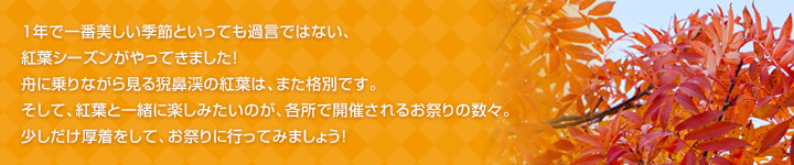 １年で一番美しい季節といっても過言ではない、紅葉シーズンがやってきました！舟に乗りながら見る猊鼻渓の紅葉は、また格別です。そして、紅葉と一緒に楽しみたいのが、各所で開催されるお祭りの数々。少しだけ厚着をして、お祭りに行ってみましょう！？