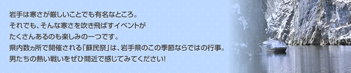 岩手は寒さが厳しいことでも有名なところ。それでも、そんな寒さを吹き飛ばすイベントがたくさんあるのも楽しみの一つです。県内数ヵ所で開催される「蘇民祭」は、岩手県のこの季節ならではの行事。男たちの熱い戦いをぜひ間近で感じてみてください！ 